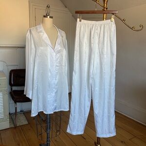 Vintage Deadstock Josie Medium White Paisley Satin Pajama Set 80s 90s Button Up